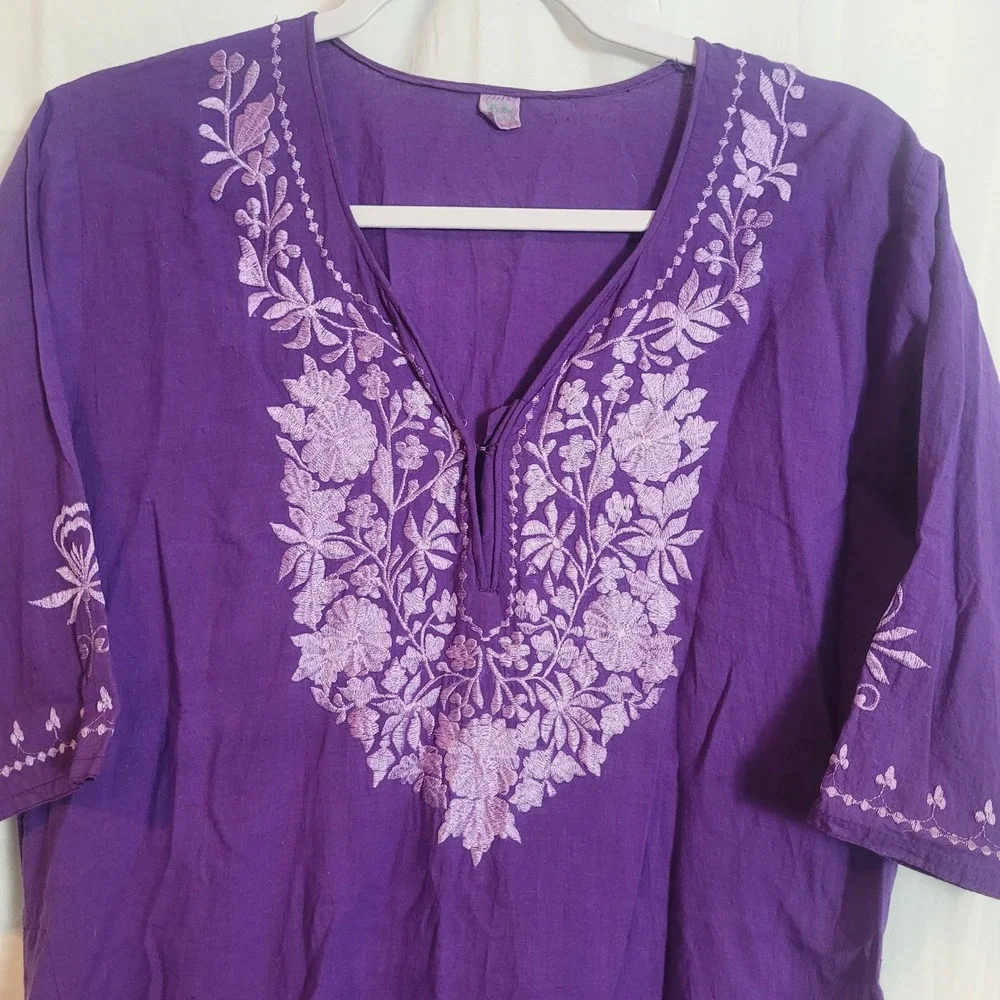 Purple Embroidered Cotton Salwar Kameez Set Women XL Tunic and Pants Two Piece
